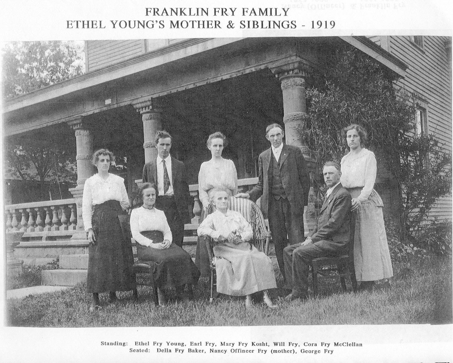 Flora Ethel Fry Young, James Earl Fry, Mary Catherine Fry Kohst, William D. Fry, Cora Fry McLelland, Della Fry Baker, George Benton Fry and their mother.